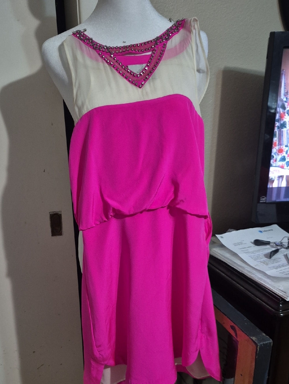 Sleeveless Beaded Neckline Chiffon Dress in Hot Pink and Cream